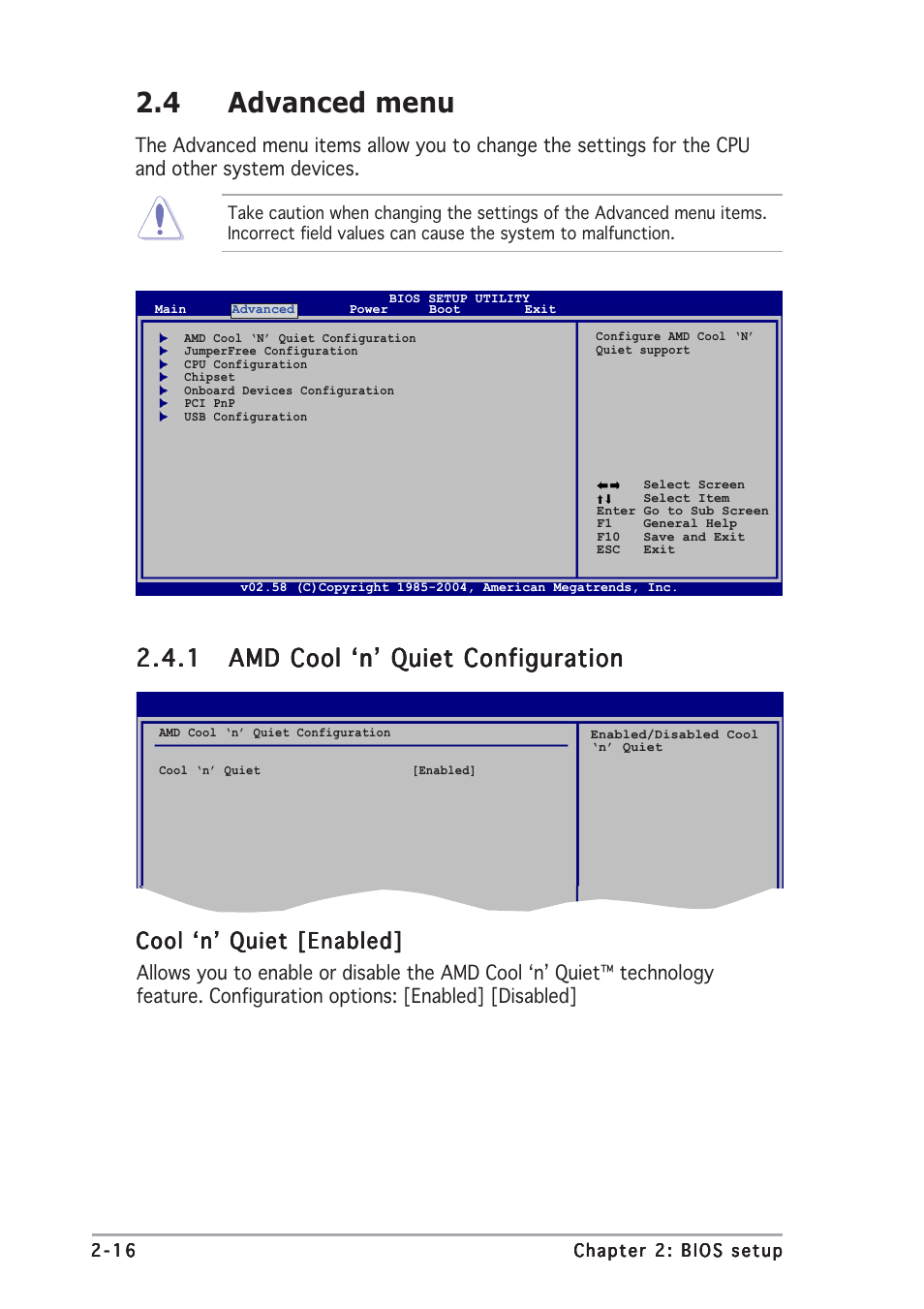 4 advanced menu, Cool ‘n’ quiet [enabled | Asus A8N-VM CSM/NBP User Manual | Page 56 / 86