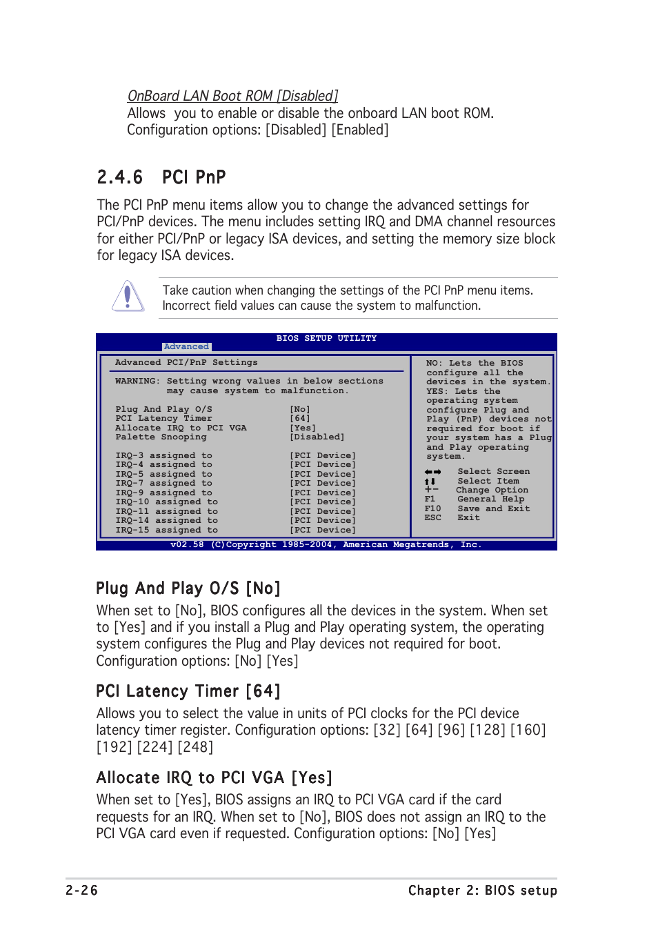 6 pci pnp pci pnp pci pnp pci pnp pci pnp, Plug and play o/s [no, Pci latency timer [64 | Allocate irq to pci vga [yes | Asus A8N-VM CSM/NBP User Manual | Page 66 / 86