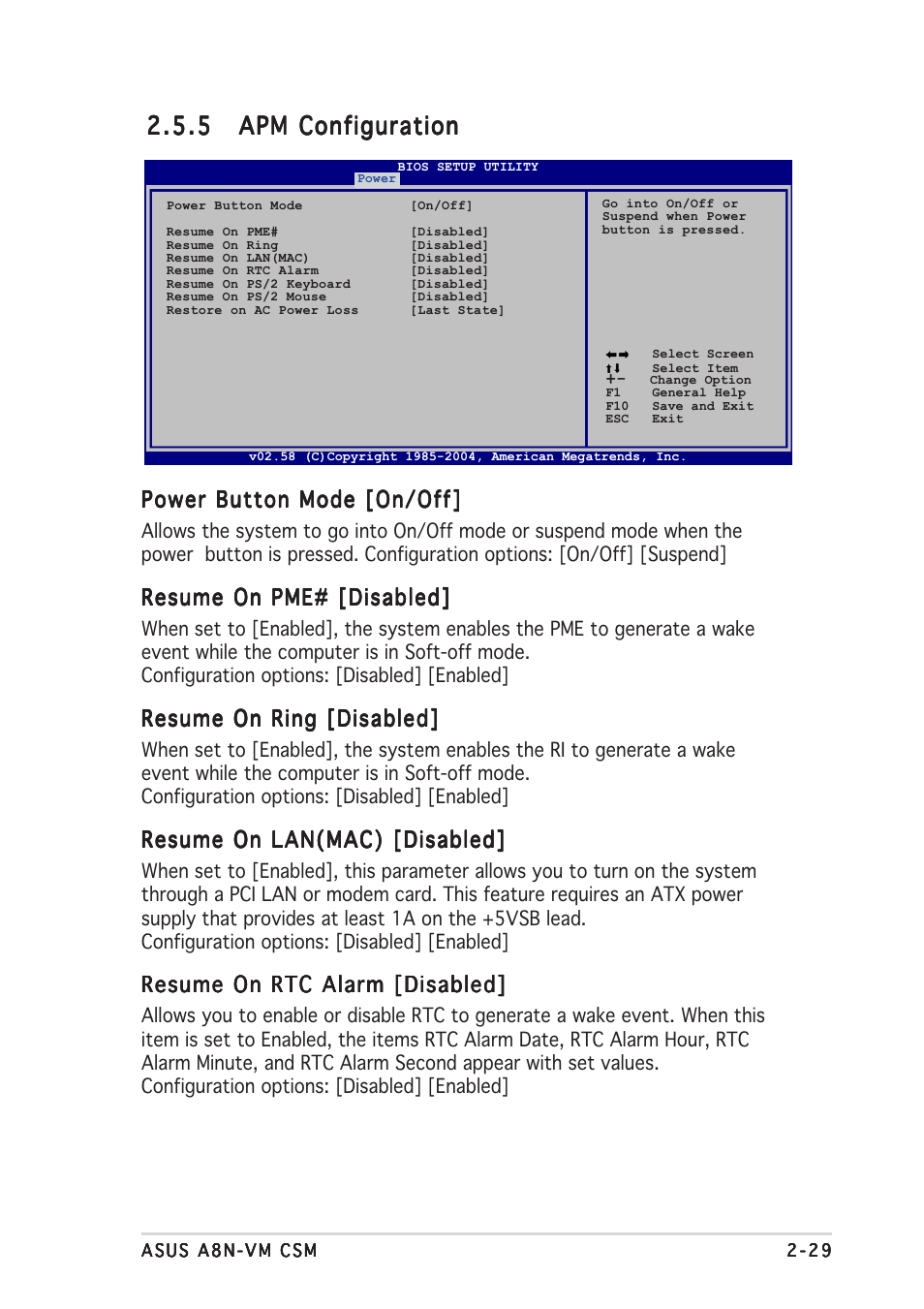 Power button mode [on/off, Resume on pme# [disabled, Resume on ring [disabled | Resume on lan(mac) [disabled, Resume on rtc alarm [disabled | Asus A8N-VM CSM/NBP User Manual | Page 69 / 86