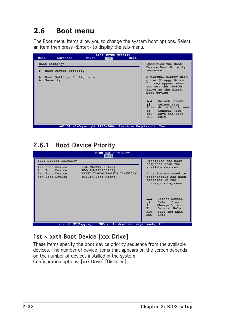 6 boot menu, 1st ~ xxth boot device [xxx drive | Asus A8N-VM CSM/NBP User Manual | Page 72 / 86