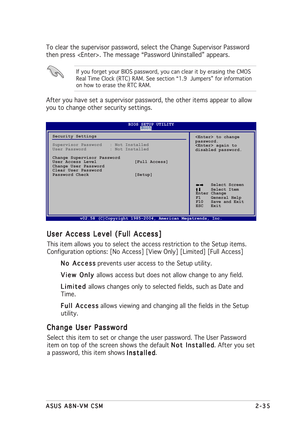 User access level (full access, Change user password | Asus A8N-VM CSM/NBP User Manual | Page 75 / 86