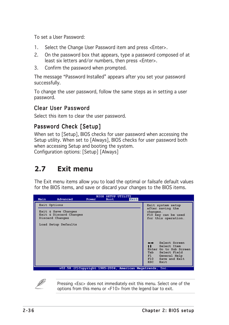 7 exit menu, Clear user password, Password check [setup | Asus A8N-VM CSM/NBP User Manual | Page 76 / 86