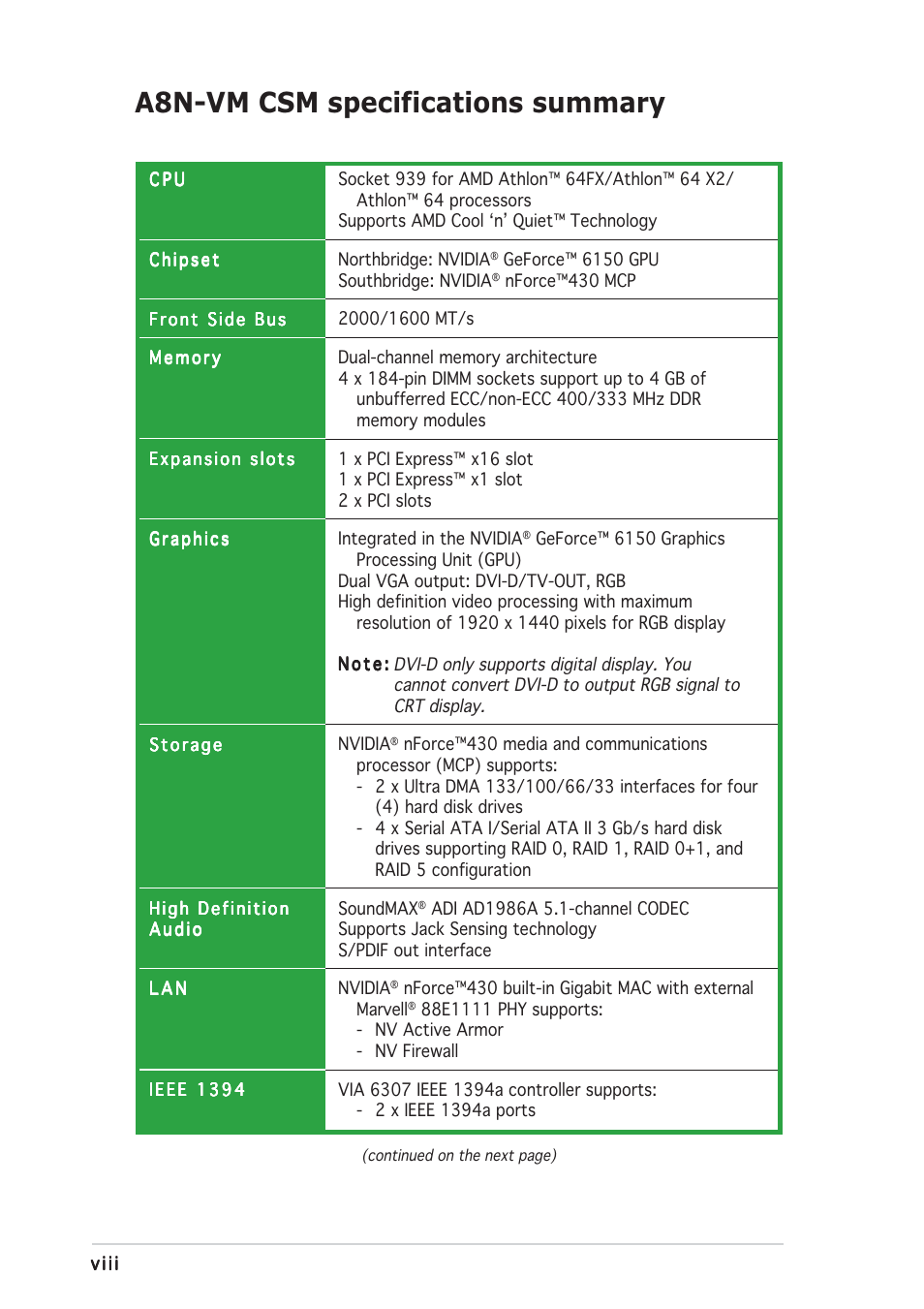 A8n-vm csm specifications summary | Asus A8N-VM CSM/NBP User Manual | Page 8 / 86