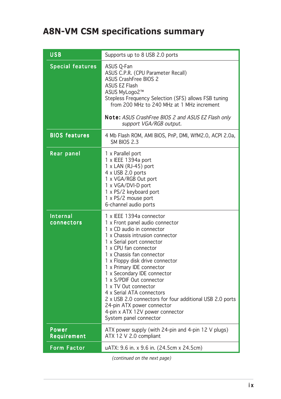 A8n-vm csm specifications summary | Asus A8N-VM CSM/NBP User Manual | Page 9 / 86