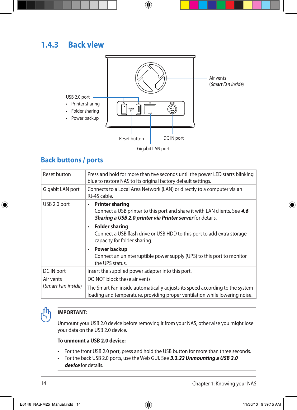 3 back view, Back buttons / ports | Asus NAS-M25 User Manual | Page 14 / 82