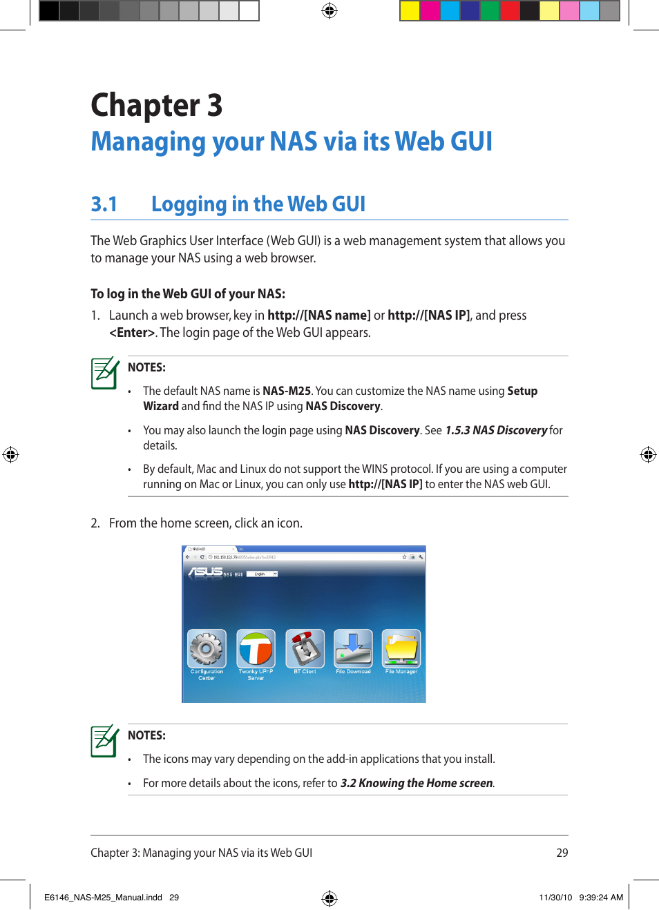 Chapter 3, Managing your nas via its web gui, 1 logging in the web gui | Asus NAS-M25 User Manual | Page 29 / 82