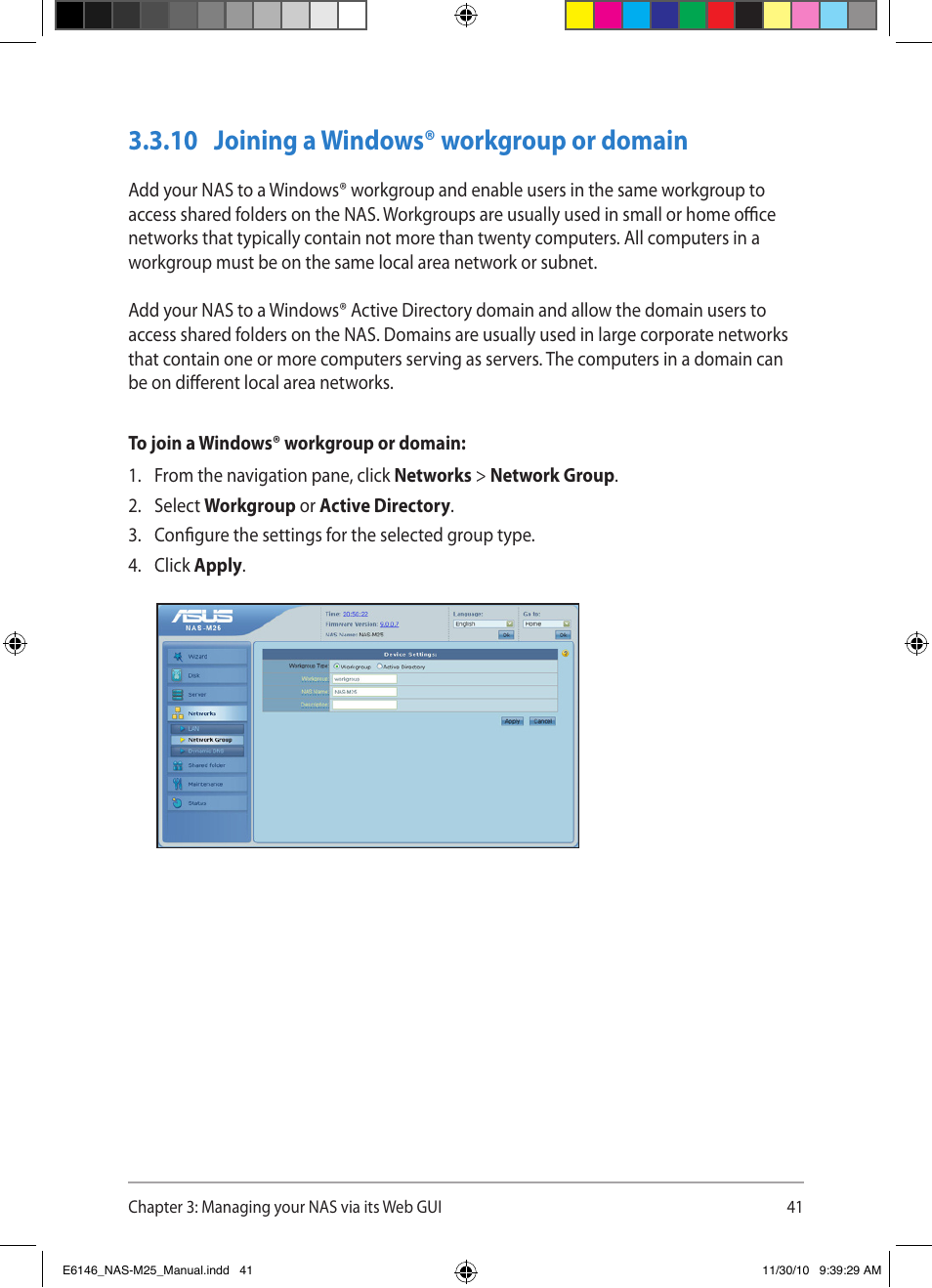 10 joining a windows® workgroup or domain | Asus NAS-M25 User Manual | Page 41 / 82