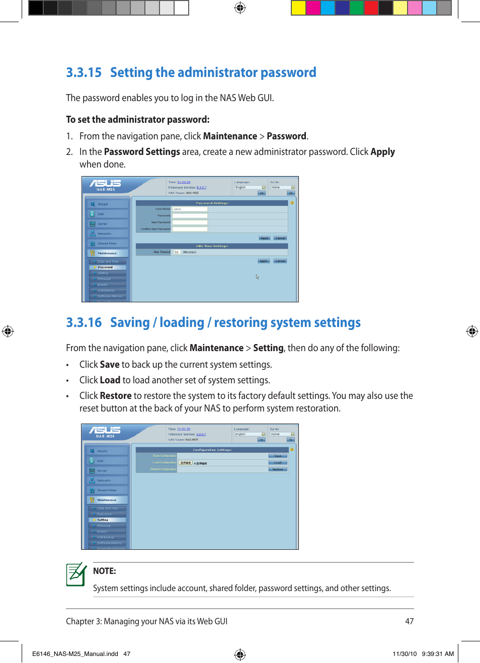 15 setting the administrator password, 16 saving / loading / restoring system settings | Asus NAS-M25 User Manual | Page 47 / 82