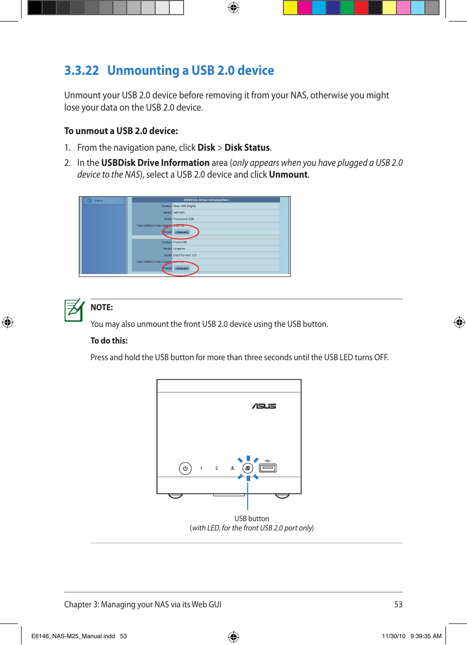 22 unmounting a usb 2.0 device | Asus NAS-M25 User Manual | Page 53 / 82