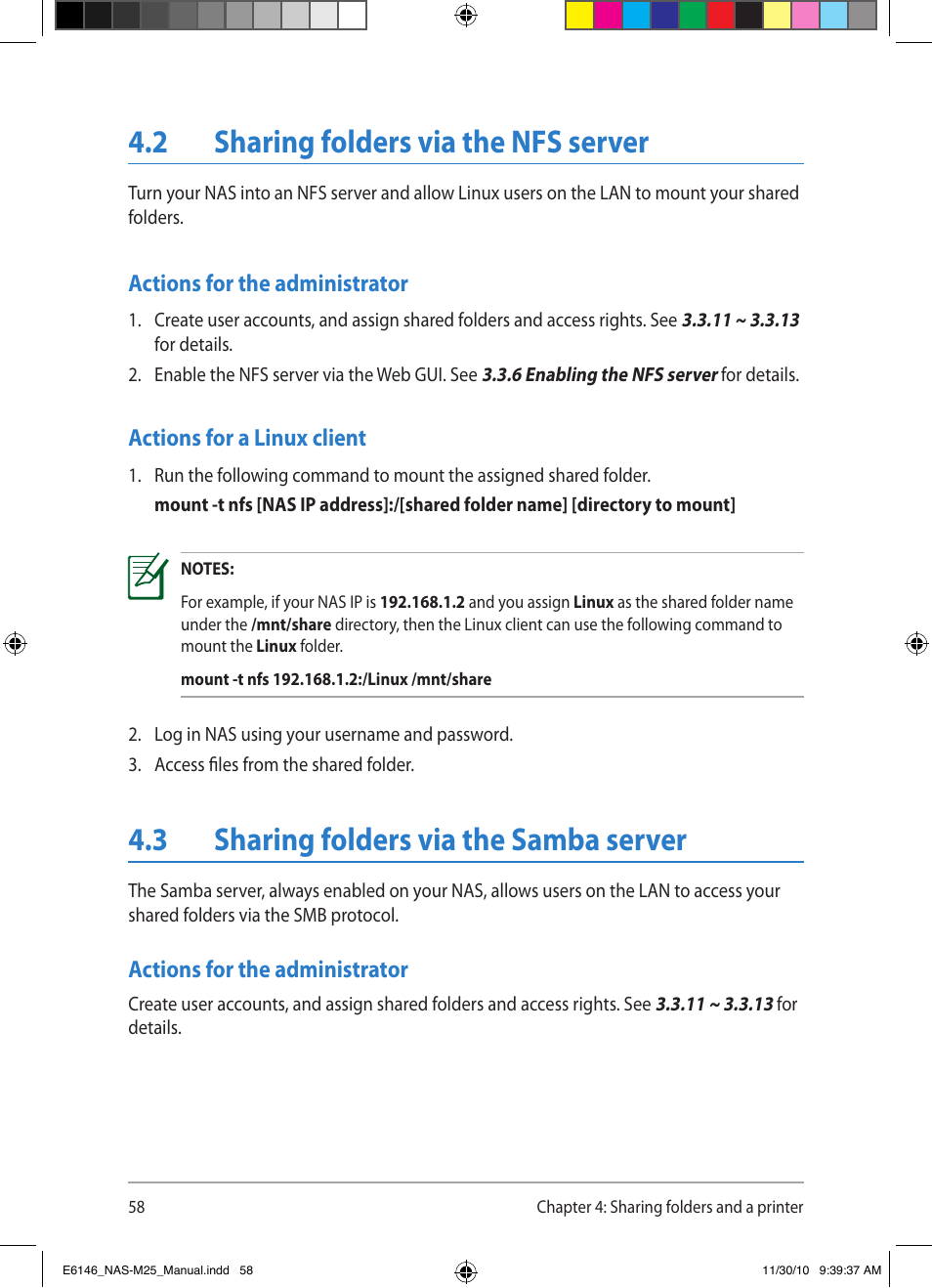 2 sharing folders via the nfs server, 3 sharing folders via the samba server | Asus NAS-M25 User Manual | Page 58 / 82