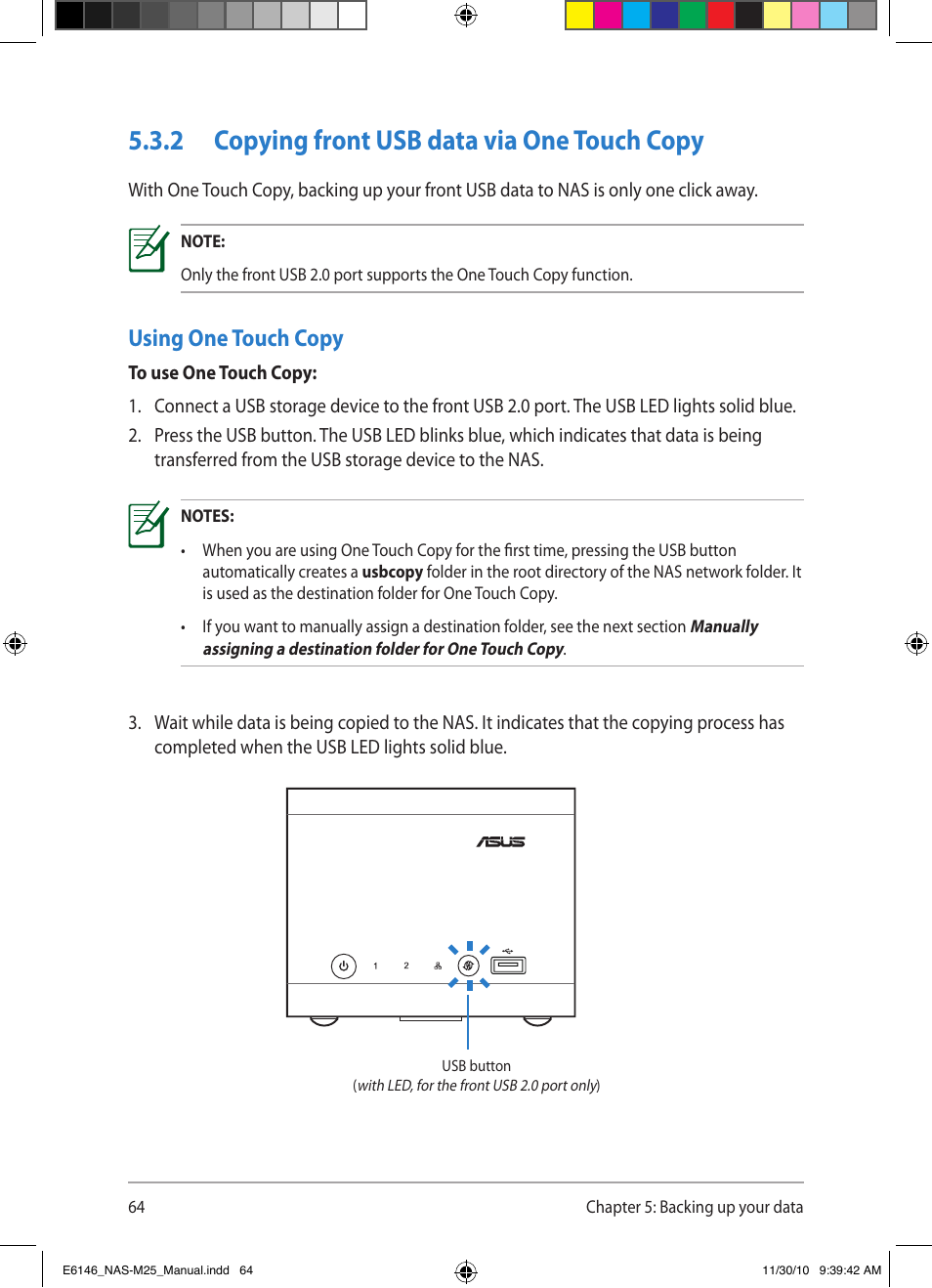 2 copying front usb data via one touch copy, Using one touch copy | Asus NAS-M25 User Manual | Page 64 / 82