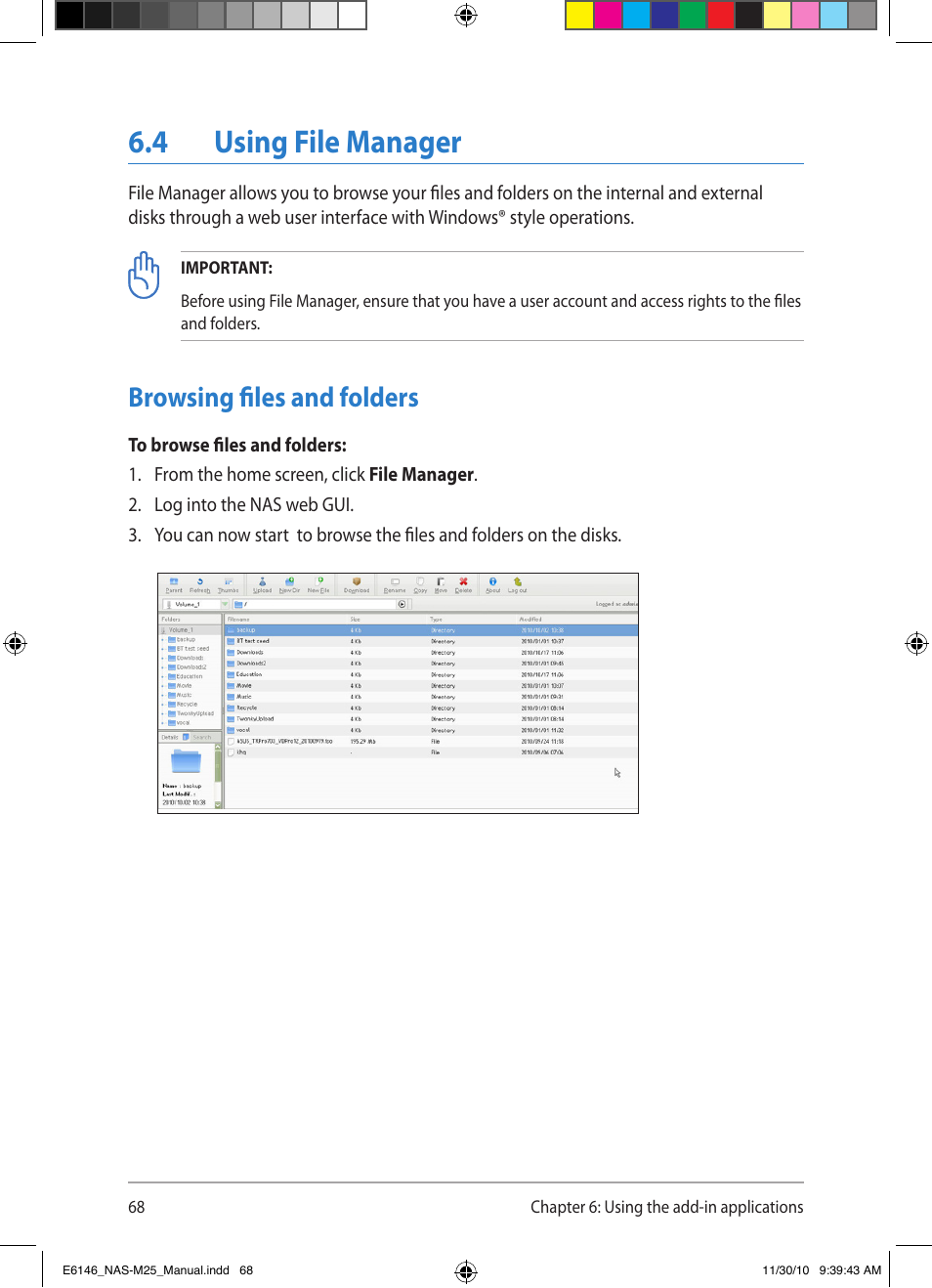 4 using file manager, Browsing files and folders | Asus NAS-M25 User Manual | Page 68 / 82