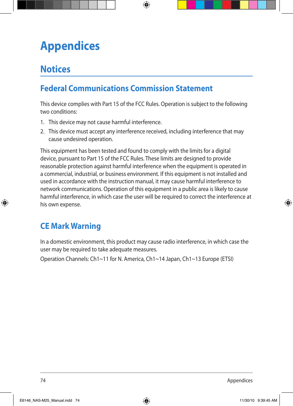 Appendices, Notices, Federal communications commission statement | Ce mark warning | Asus NAS-M25 User Manual | Page 74 / 82