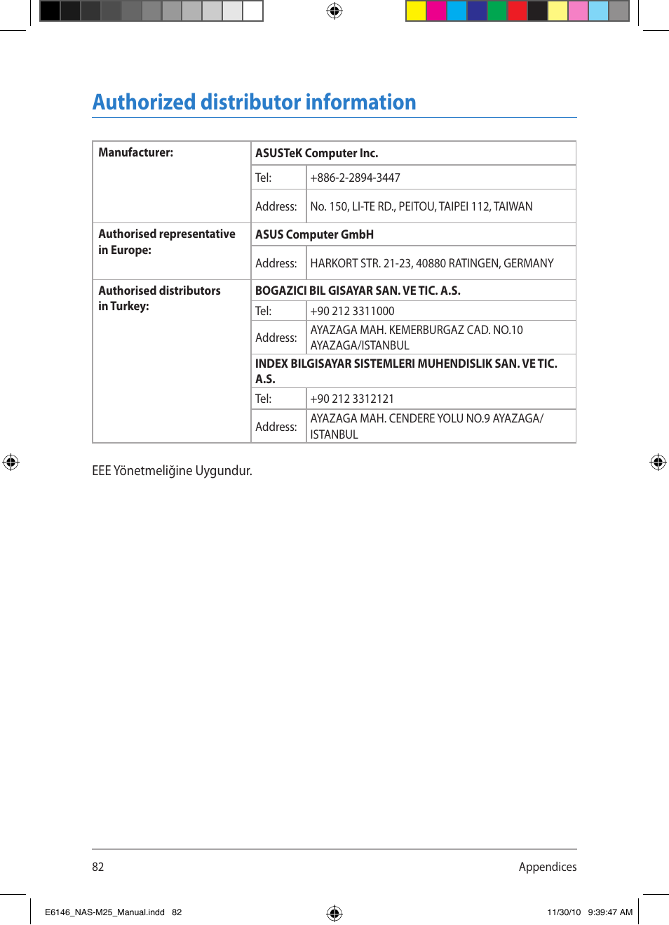 Authorized distributor information | Asus NAS-M25 User Manual | Page 82 / 82