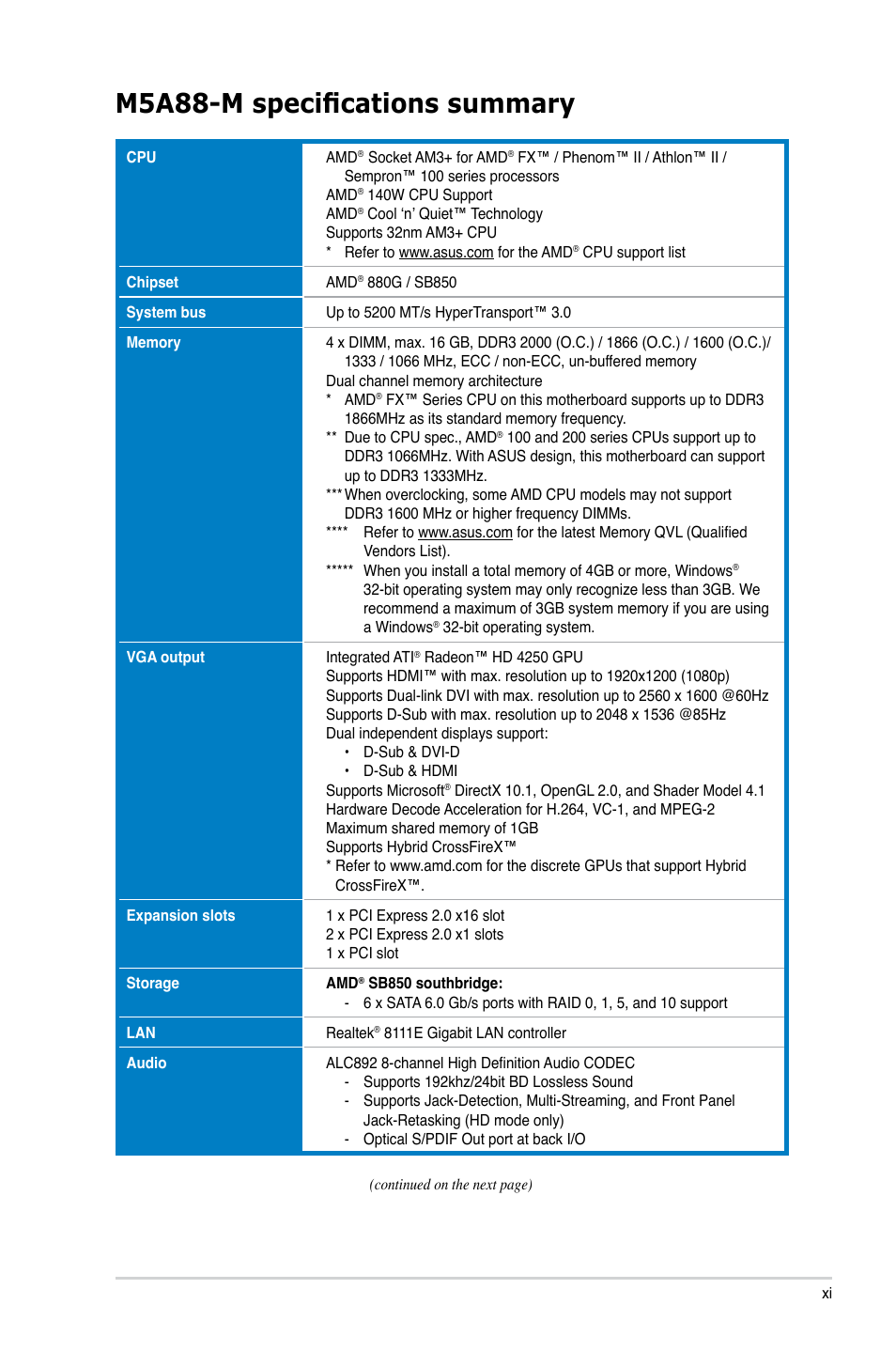 M5a88-m specifications summary | Asus M5A88-M User Manual | Page 11 / 116
