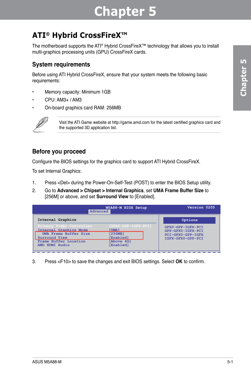 Ati® hybrid crossfirex, System requirements, Before you proceed | Chapter 5, Hybrid crossfirex™ technology support, Hybrid crossfirex™ -1, System requirements -1 before you proceed -1, Hybrid crossfirex | Asus M5A88-M User Manual | Page 111 / 116