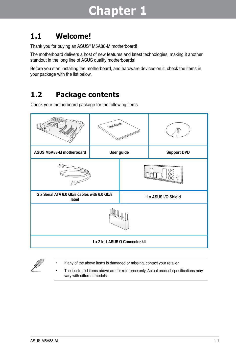 Chapter 1: product introduction, 1 welcome, 2 package contents | Chapter 1, Product introduction, Welcome! -1, Package contents -1 | Asus M5A88-M User Manual | Page 15 / 116