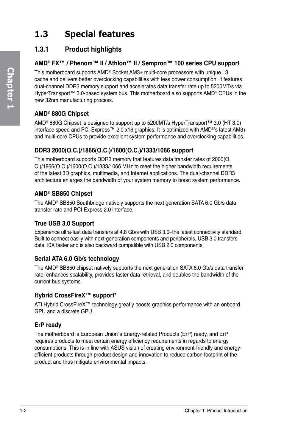 3 special features, 1 product highlights, Special features -2 1.3.1 | Product highlights -2, Chapter 1 1.3 special features | Asus M5A88-M User Manual | Page 16 / 116