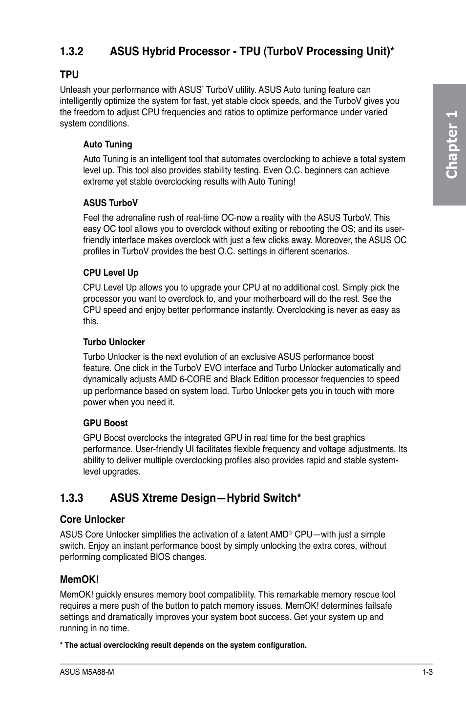 3 asus xtreme design—hybrid switch, Asus xtreme design—hybrid switch* -3, Chapter 1 | Asus M5A88-M User Manual | Page 17 / 116