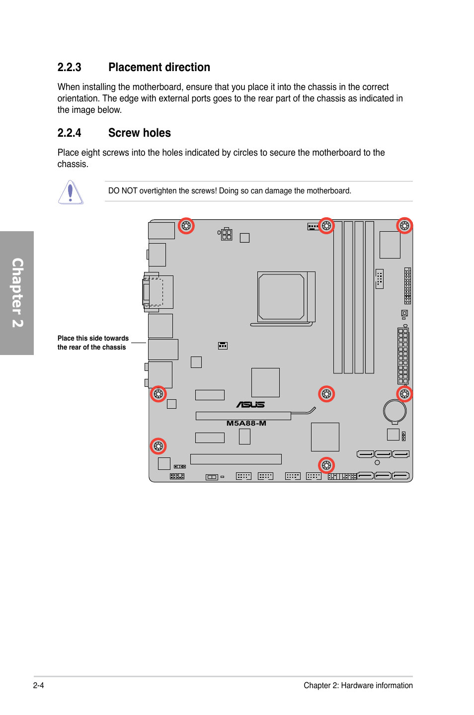 3 placement direction, 4 screw holes, Placement direction -4 | Screw holes -4, Chapter 2 | Asus M5A88-M User Manual | Page 22 / 116