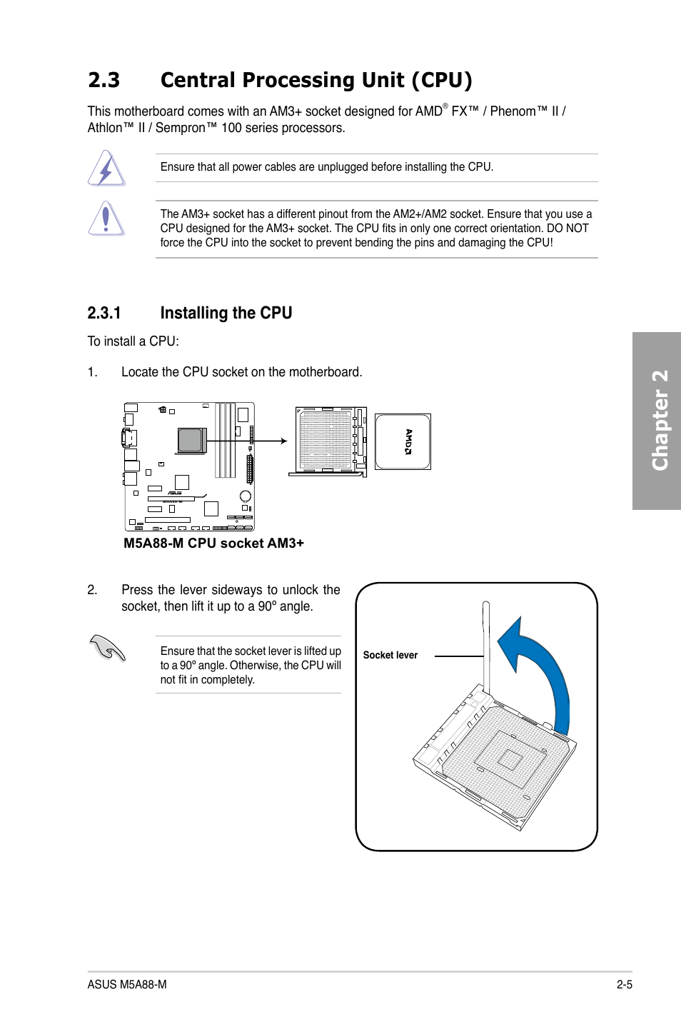 3 central processing unit (cpu), 1 installing the cpu, Central processing unit (cpu) -5 2.3.1 | Installing the cpu -5, Chapter 2 2.3 central processing unit (cpu) | Asus M5A88-M User Manual | Page 23 / 116