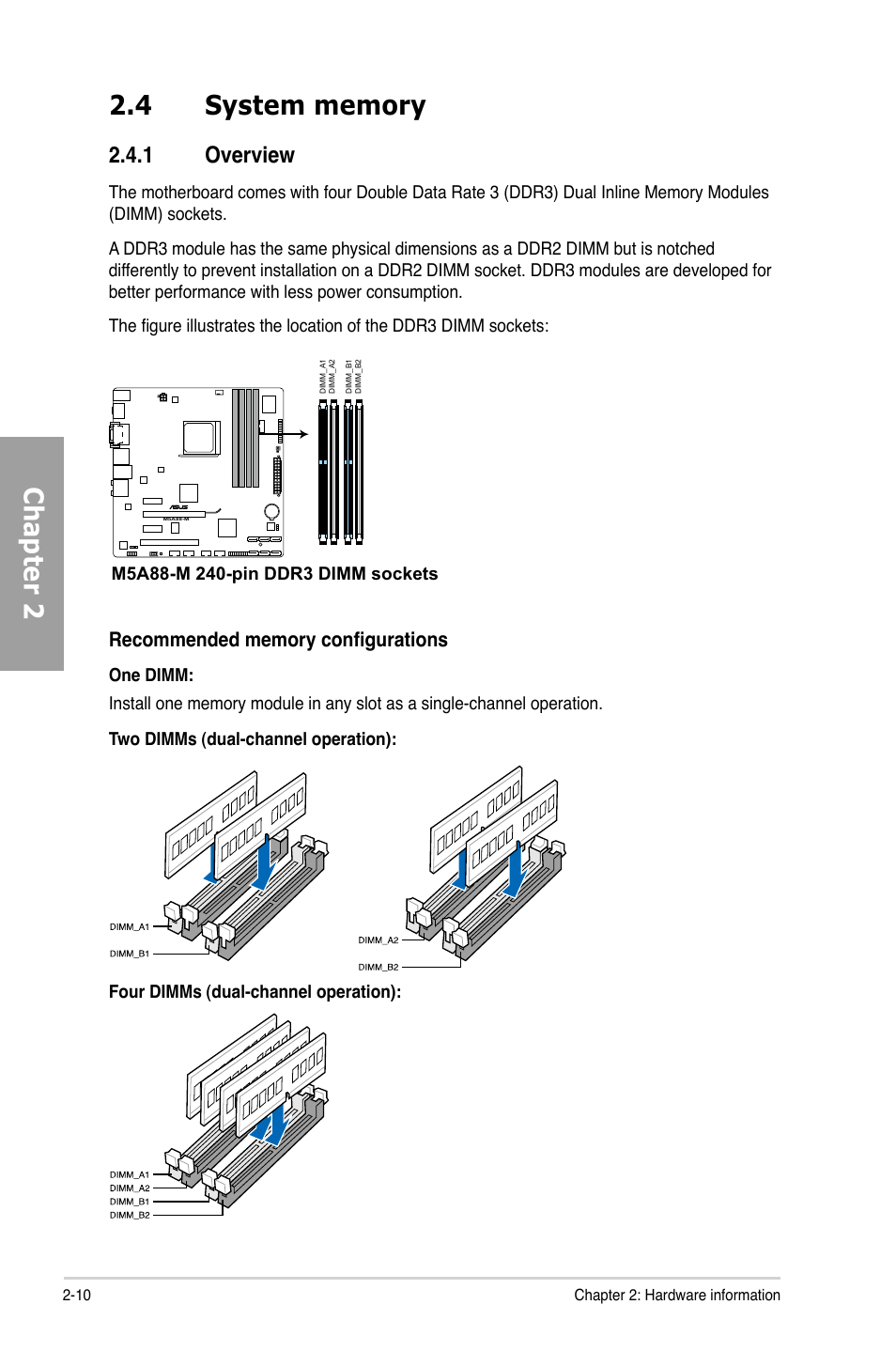 4 system memory, 1 overview, System memory -10 2.4.1 | Overview -10 | Asus M5A88-M User Manual | Page 28 / 116