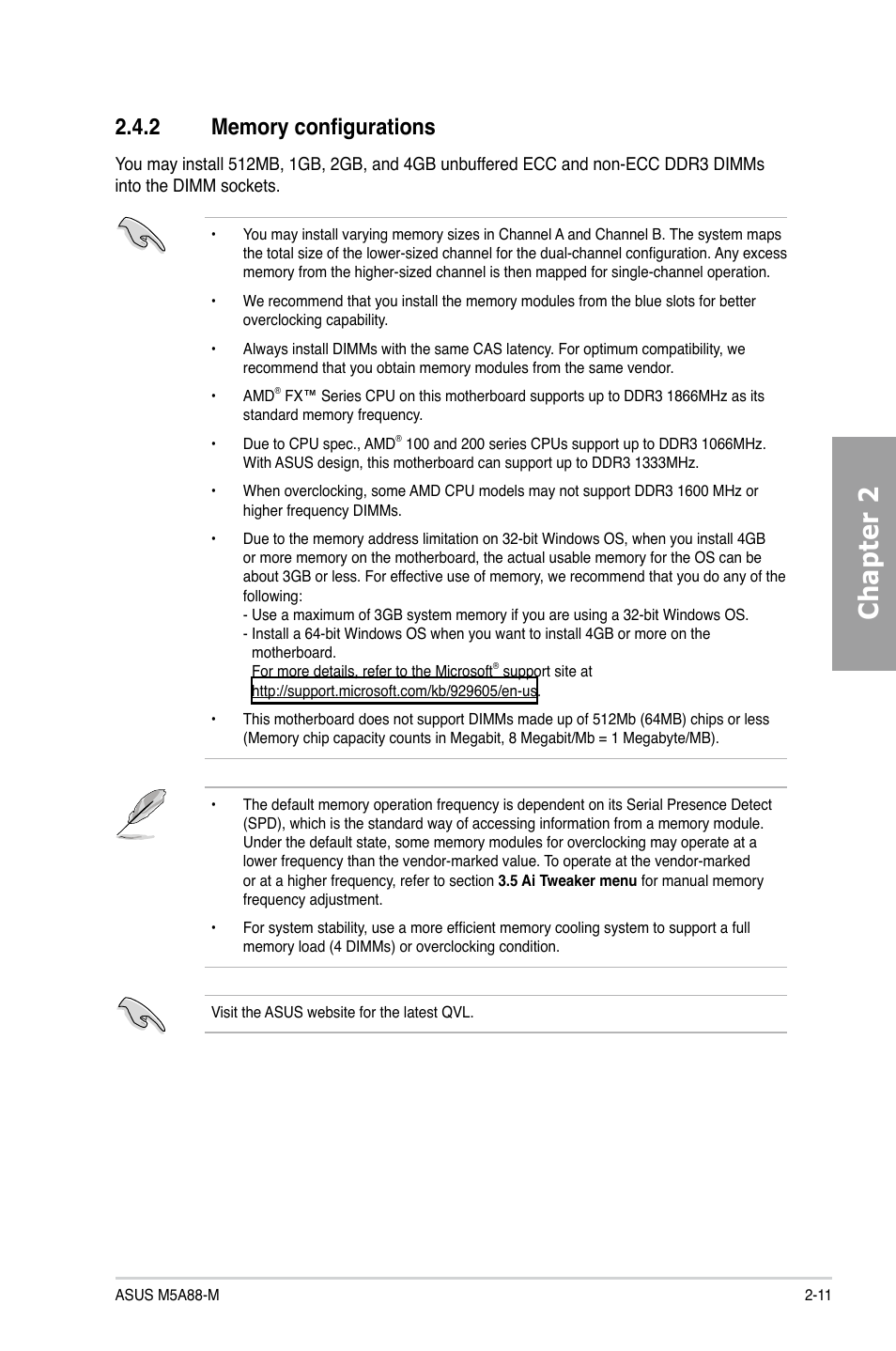 2 memory configurations, Memory configurations -11, Chapter 2 | Asus M5A88-M User Manual | Page 29 / 116