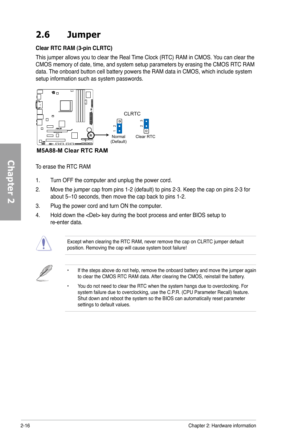 6 jumper, Jumper -16, Chapter 2 2.6 jumper | Asus M5A88-M User Manual | Page 34 / 116