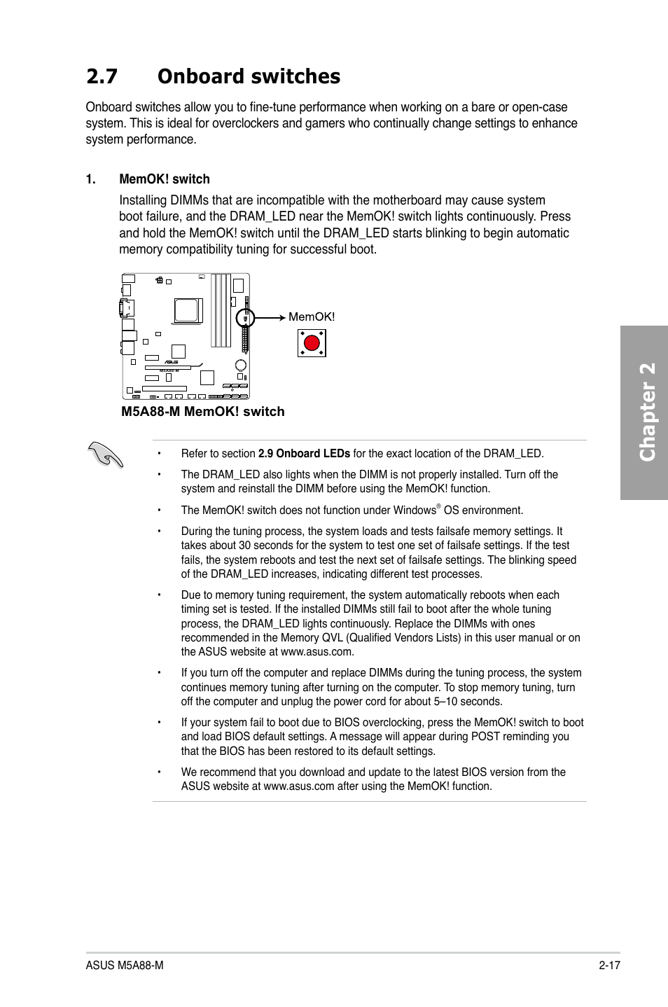 7 onboard switches, Onboard switches -17, Chapter 2 2.7 onboard switches | Asus M5A88-M User Manual | Page 35 / 116