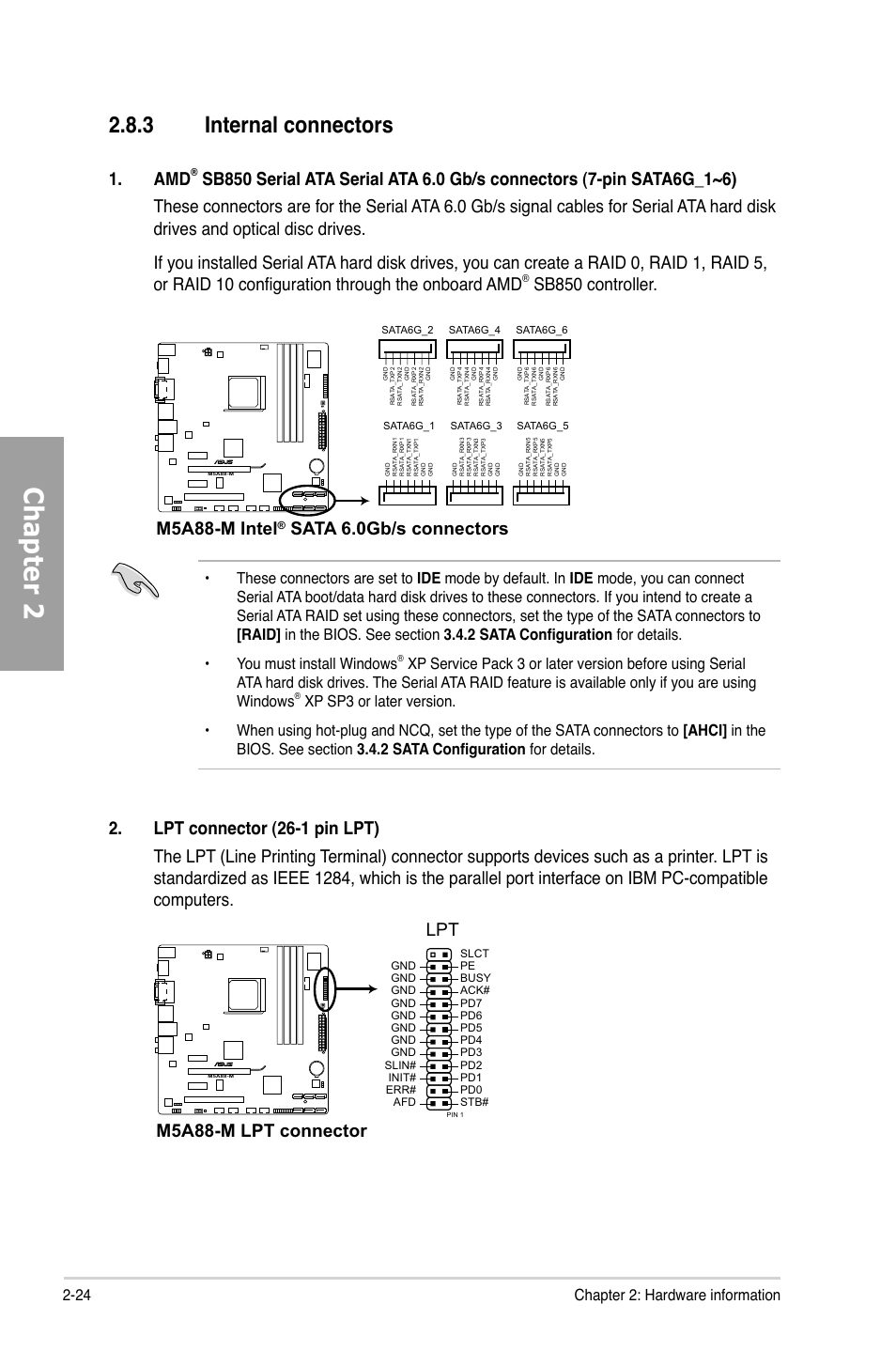 3 internal connectors, Internal connectors -24, Chapter 2 | Sb850 controller, M5a88-m intel, Sata 6.0gb/s connectors, M5a88-m lpt connector lpt, 24 chapter 2: hardware information | Asus M5A88-M User Manual | Page 42 / 116