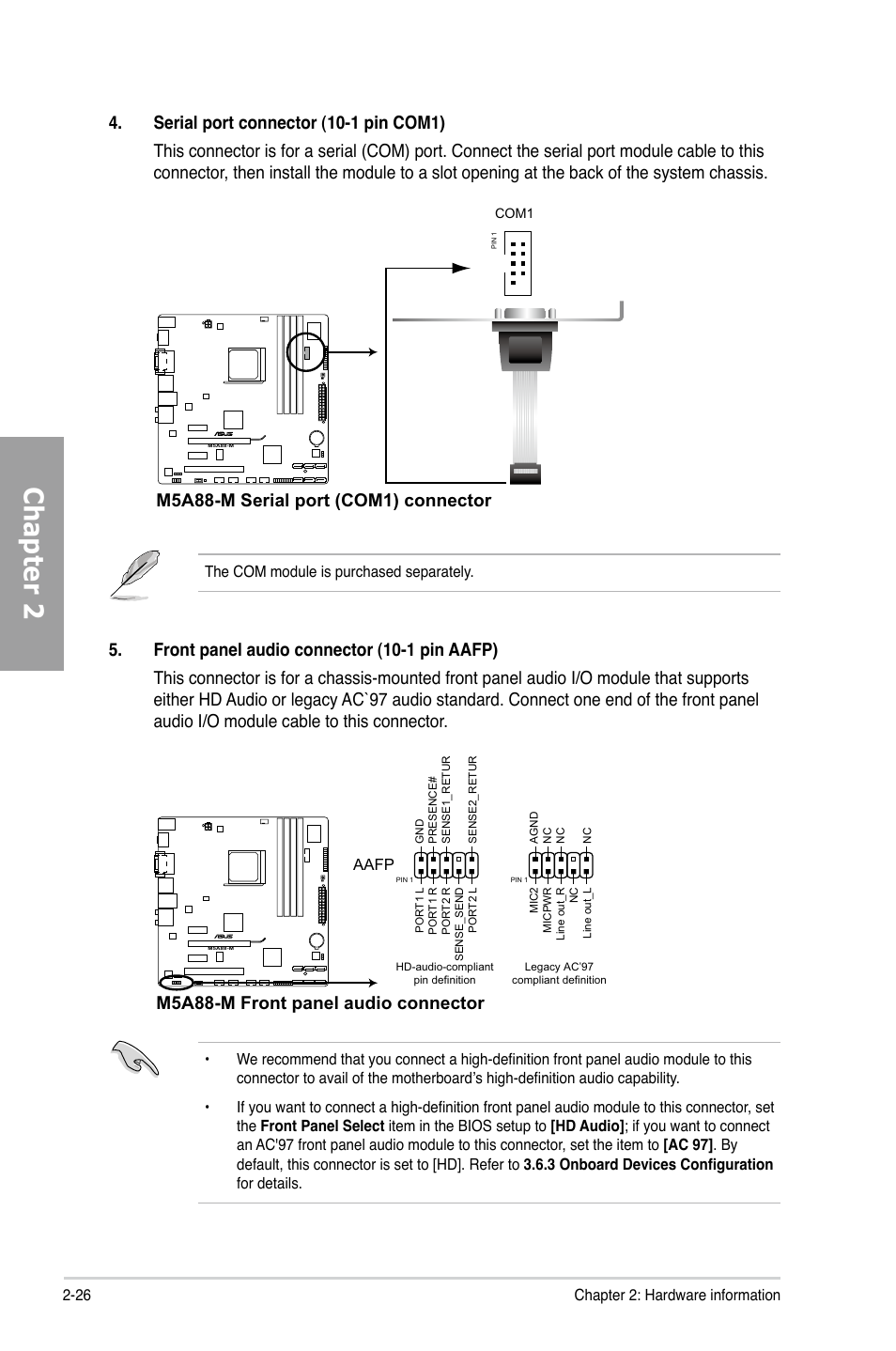 Chapter 2, M5a88-m serial port (com1) connector, M5a88-m front panel audio connector | Asus M5A88-M User Manual | Page 44 / 116