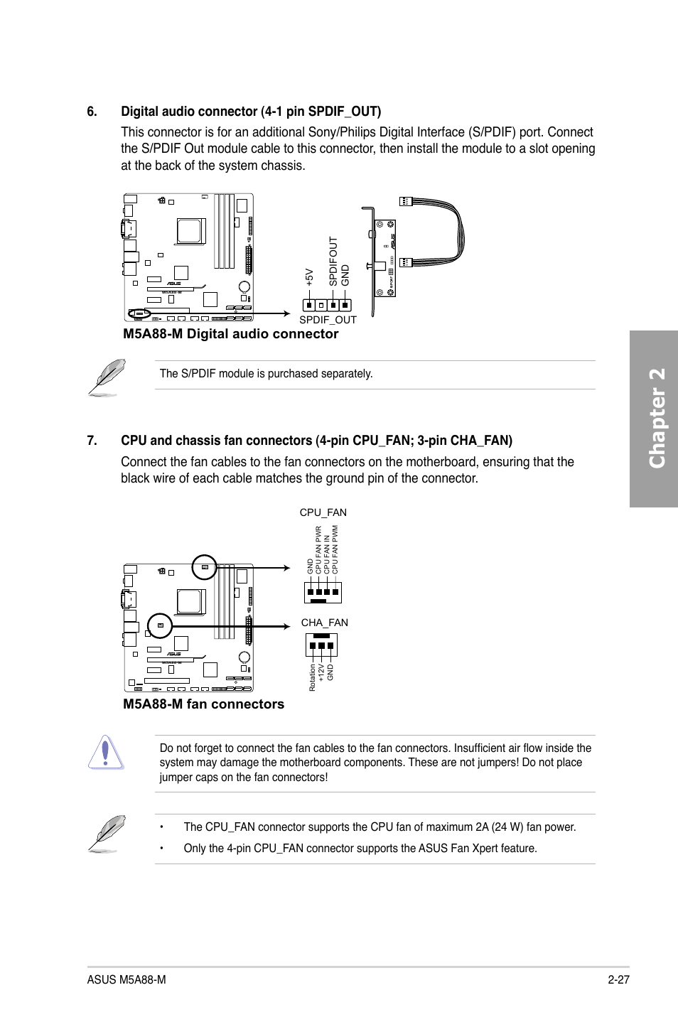 Chapter 2, M5a88-m digital audio connector, M5a88-m fan connectors | Asus M5A88-M User Manual | Page 45 / 116