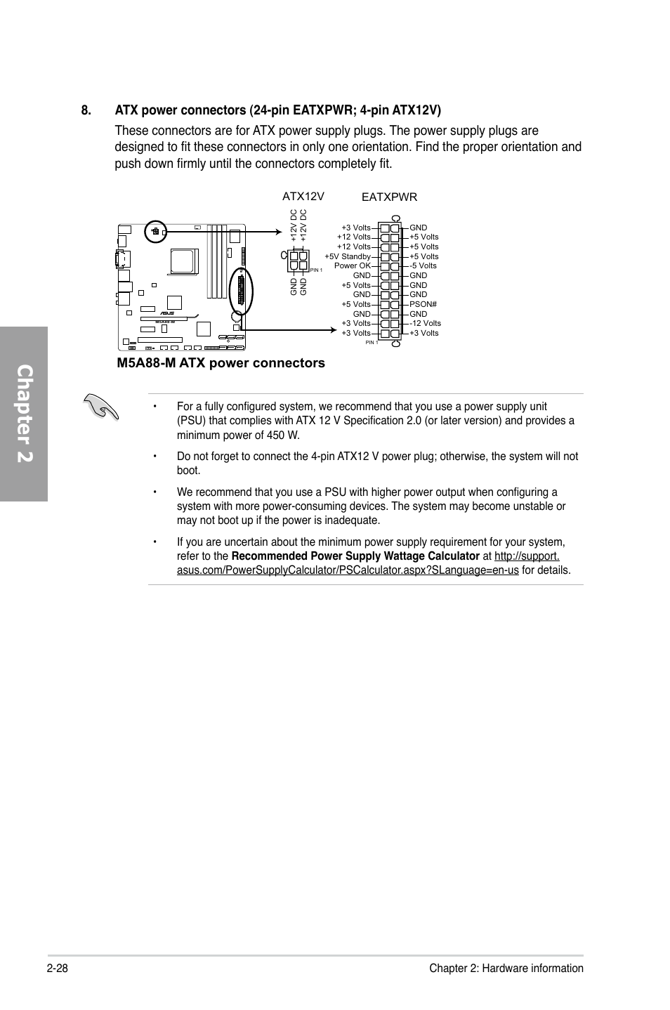 Chapter 2, M5a88-m atx power connectors | Asus M5A88-M User Manual | Page 46 / 116