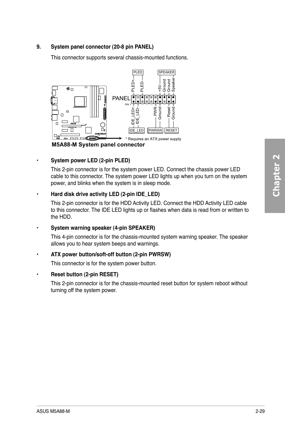 Chapter 2, Panel, M5a88-m system panel connector | Asus M5A88-M User Manual | Page 47 / 116