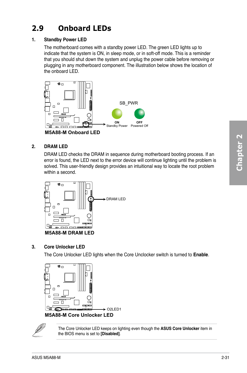 9 onboard leds, Onboard leds -31, Chapter 2 2.9 onboard leds | Asus M5A88-M User Manual | Page 49 / 116