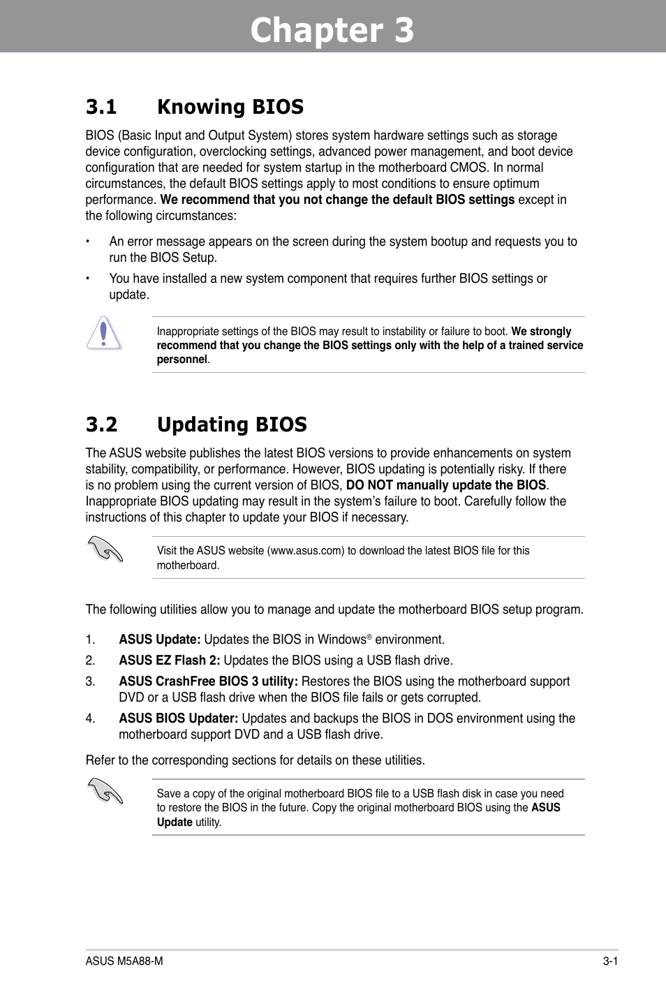 Chapter 3: bios setup, 1 knowing bios, 2 updating bios | Chapter 3, Bios setup, Knowing bios -1, Updating bios -1, Chapter 3 3.1 knowing bios | Asus M5A88-M User Manual | Page 51 / 116