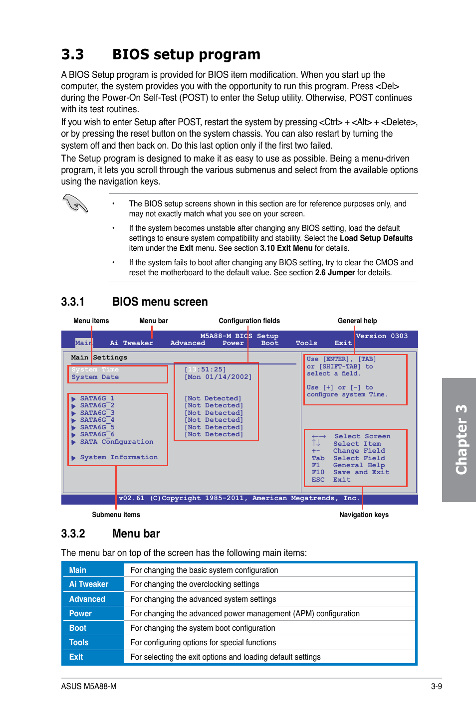 3 bios setup program, 1 bios menu screen, 2 menu bar | Bios setup program -9 3.3.1, Bios menu screen -9, Menu bar -9, Chapter 3 3.3 bios setup program, 1 bios menu screen 3.3.2 menu bar | Asus M5A88-M User Manual | Page 59 / 116