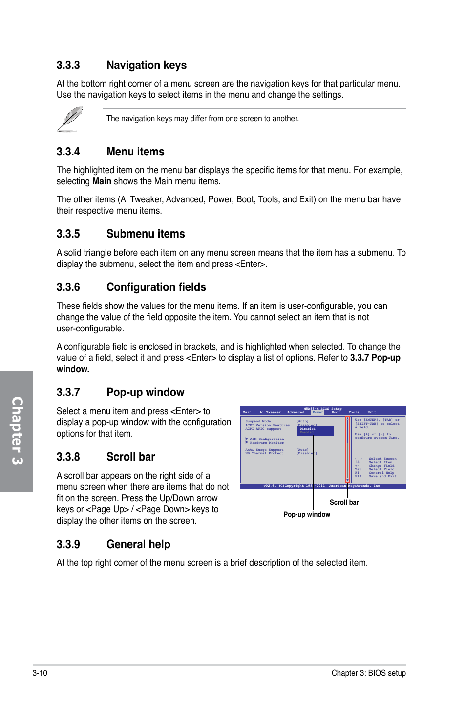 3 navigation keys, 4 menu items, 5 submenu items | 6 configuration fields, 7 pop-up window, 8 scroll bar, 9 general help, Navigation keys -10, Menu items -10, Submenu items -10 | Asus M5A88-M User Manual | Page 60 / 116