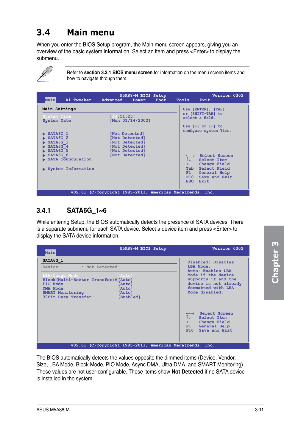 4 main menu, 1 sata6g_1~6, Main menu -11 3.4.1 | Sata6g_1~6 -11, Chapter 3 3.4 main menu | Asus M5A88-M User Manual | Page 61 / 116