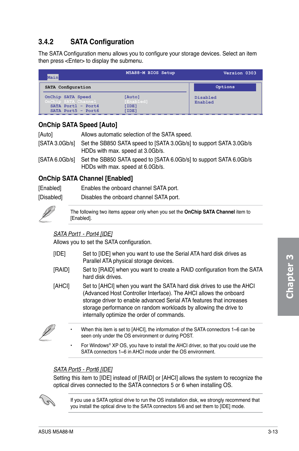 2 sata configuration, Sata configuration -13, Chapter 3 | Onchip sata speed [auto, Onchip sata channel [enabled | Asus M5A88-M User Manual | Page 63 / 116