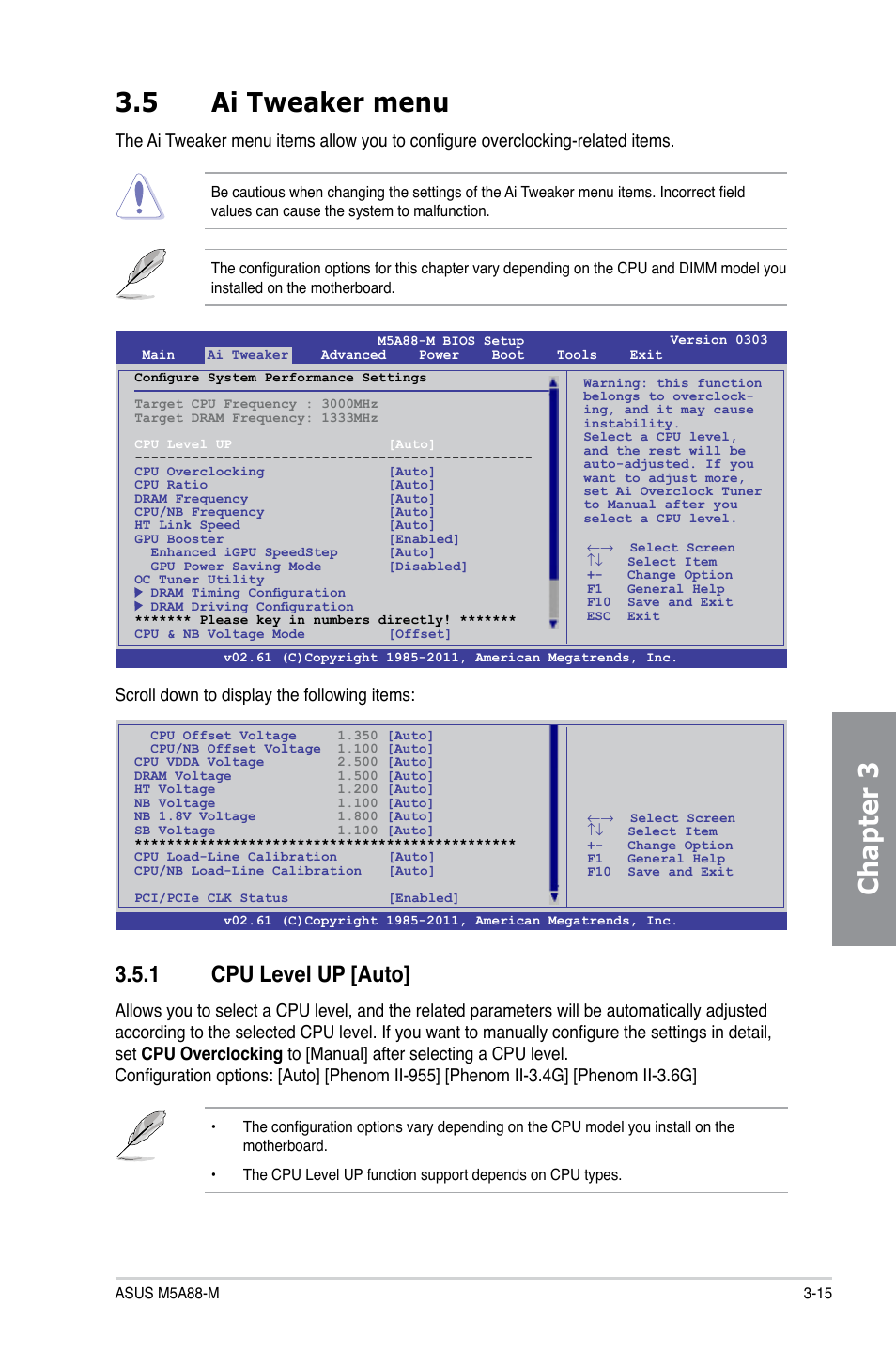 5 ai tweaker menu, 1 cpu level up [auto, Ai tweaker menu -15 3.5.1 | Cpu level up [auto] -15, Chapter 3 3.5 ai tweaker menu, Scroll down to display the following items | Asus M5A88-M User Manual | Page 65 / 116