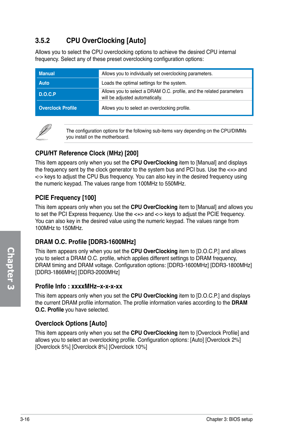 2 cpu overclocking [auto, Cpu overclocking [auto] -16, Chapter 3 | Asus M5A88-M User Manual | Page 66 / 116