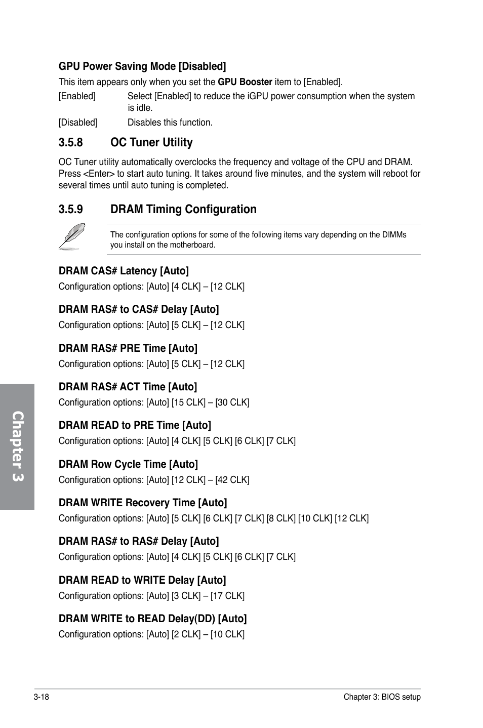 8 oc tuner utility, 9 dram timing configuration, Oc tuner utility -18 | Dram timing configuration -18, Chapter 3 | Asus M5A88-M User Manual | Page 68 / 116