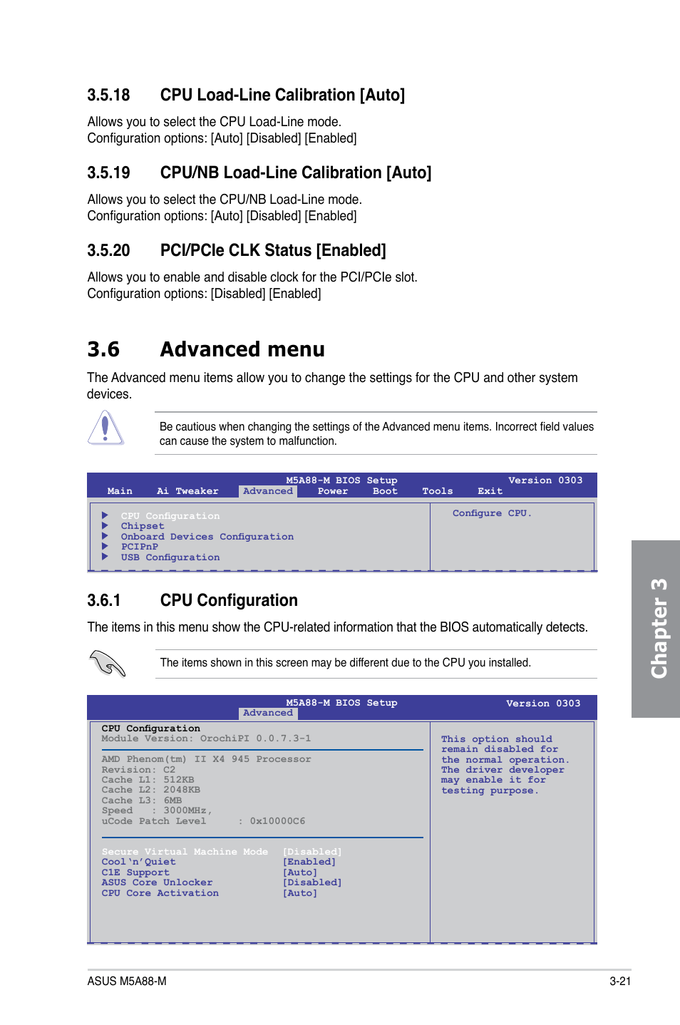 18 cpu load-line calibration [auto, 19 cpu/nb load-line calibration [auto, 20 pci/pcie clk status [enabled | 6 advanced menu, 1 cpu configuration, Cpu load-line calibration [auto] -21, Cpu/nb load-line calibration [auto] -21, Pci/pcie clk status [enabled] -21, Advanced menu -21 3.6.1, Cpu configuration -21 | Asus M5A88-M User Manual | Page 71 / 116