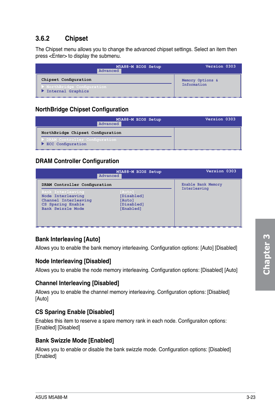 2 chipset, Chipset -23, Chapter 3 | Northbridge chipset configuration, Node interleaving [disabled, Channel interleaving [disabled, Cs sparing enable [disabled, Bank swizzle mode [enabled | Asus M5A88-M User Manual | Page 73 / 116