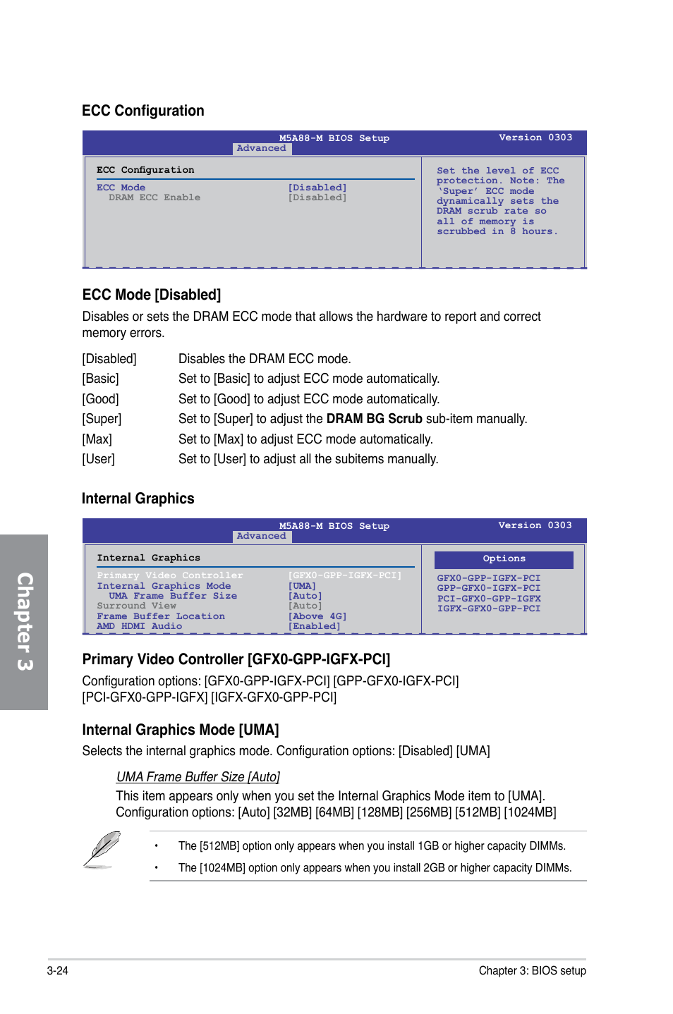 Chapter 3, Ecc configuration ecc mode [disabled, Internal graphics | Primary video controller [gfx0-gpp-igfx-pci, Internal graphics mode [uma | Asus M5A88-M User Manual | Page 74 / 116