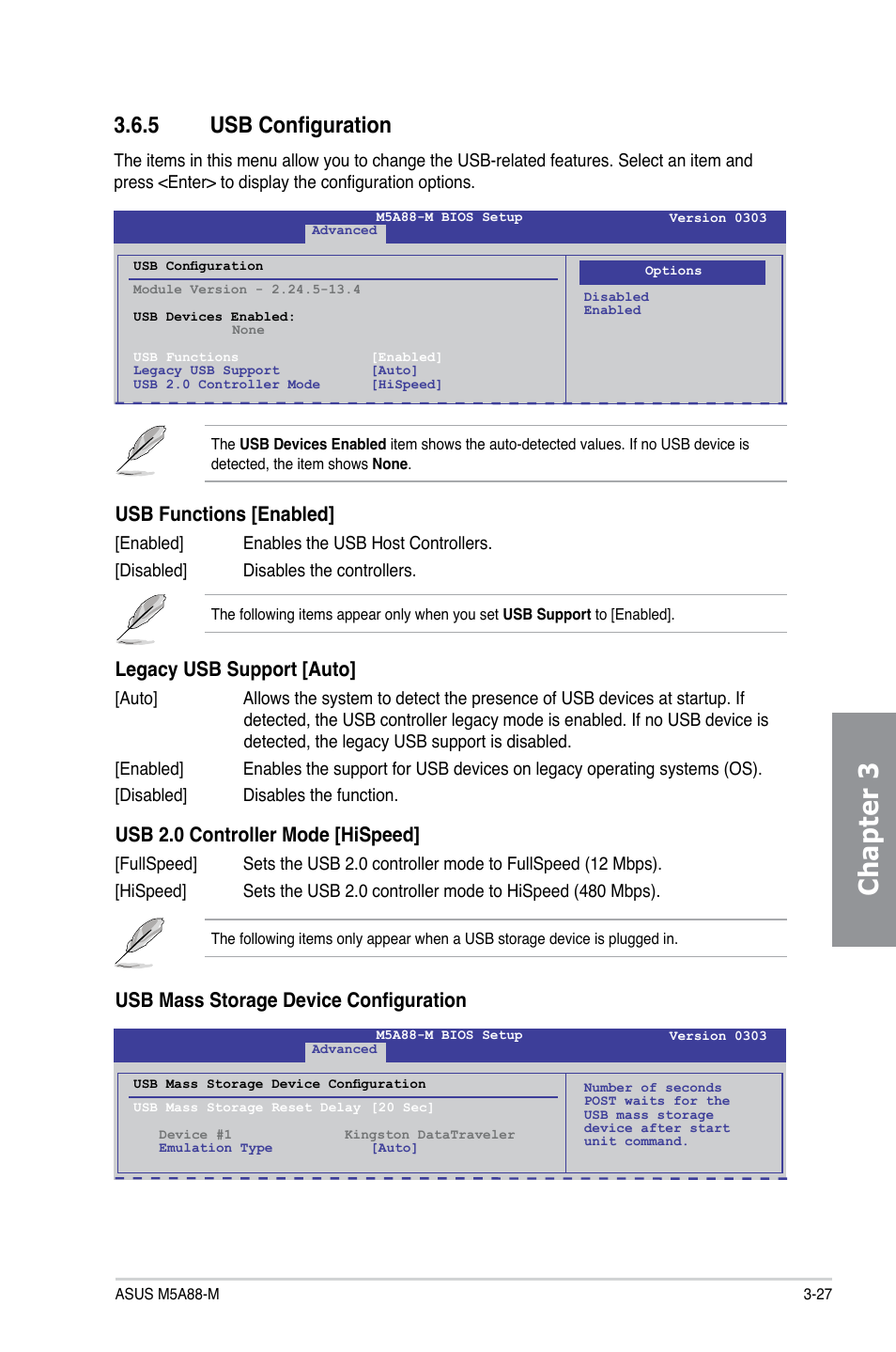 5 usb configuration, Usb configuration -27, Chapter 3 | Usb functions [enabled, Legacy usb support [auto, Usb 2.0 controller mode [hispeed, Usb mass storage device configuration | Asus M5A88-M User Manual | Page 77 / 116