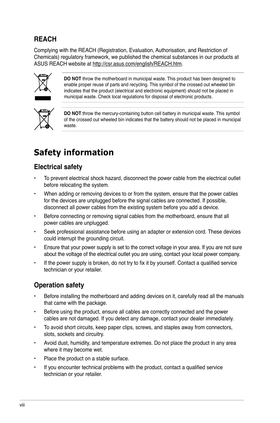 Safety information, Electrical safety, Operation safety | Reach | Asus M5A88-M User Manual | Page 8 / 116