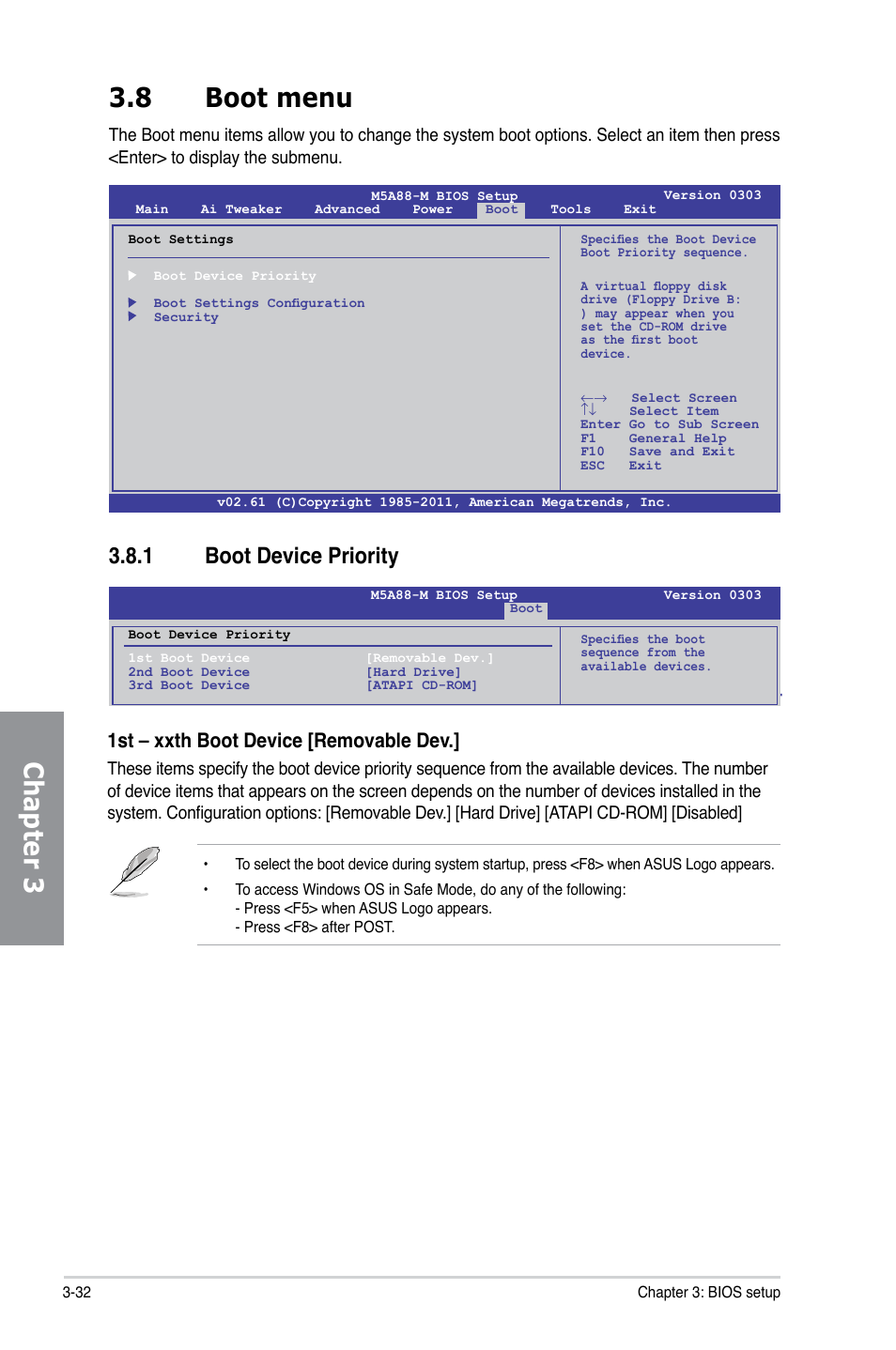 8 boot menu, 1 boot device priority, Boot menu -32 3.8.1 | Boot device priority -32, Chapter 3 3.8 boot menu, 1st – xxth boot device [removable dev | Asus M5A88-M User Manual | Page 82 / 116