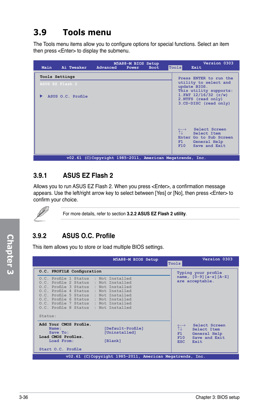 9 tools menu, 1 asus ez flash 2, 2 asus o.c. profile | Tools menu -36 3.9.1, Asus ez flash 2 -36, Asus o.c. profile -36, Chapter 3 3.9 tools menu | Asus M5A88-M User Manual | Page 86 / 116